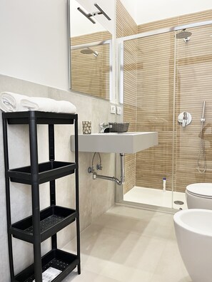 Shower, hair dryer, bidet, towels