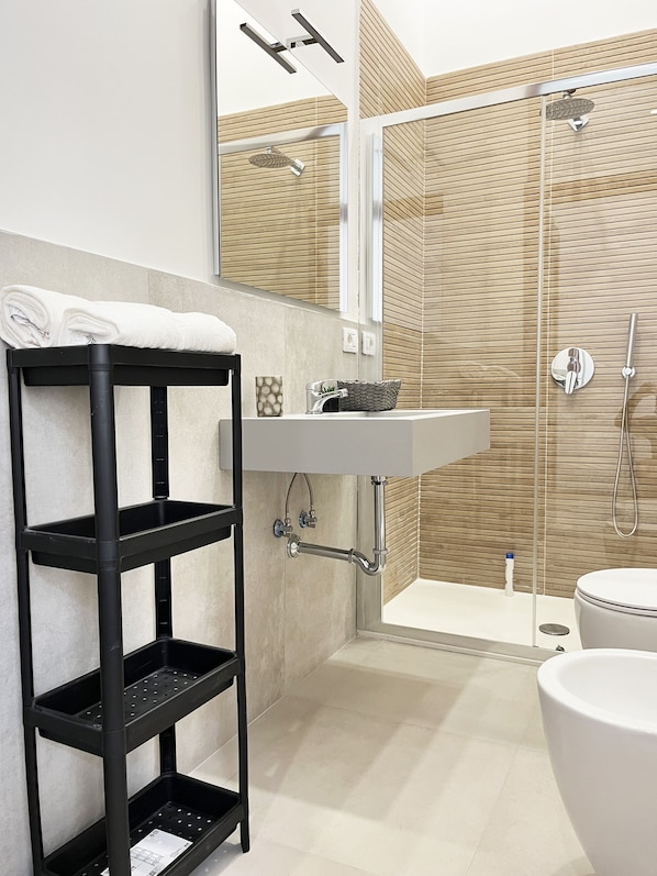 Regadera, secadora de cabello, bidet, toallas 