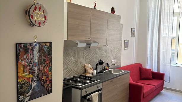 Une cuisine moderne équipée d’une cuisinière à gaz, d’un four et d’un évier. On y trouve un canapé rouge et un tableau accroché au mur.