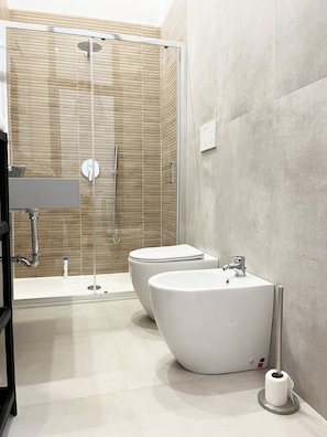 Shower, hair dryer, bidet, towels