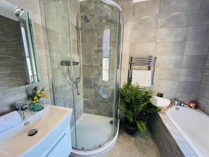 Shower, hair dryer, towels