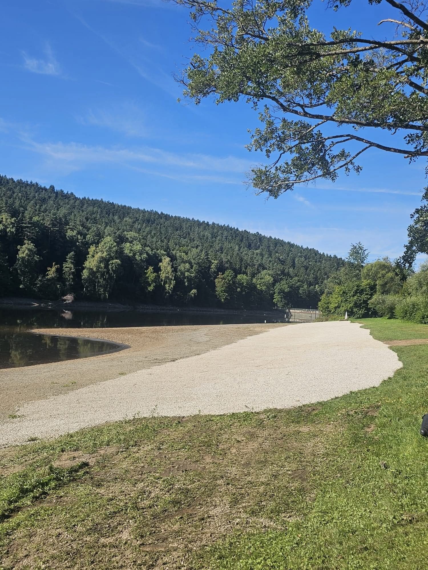 Un sentier de gravier mène à un lac, avec une colline boisée en arrière-plan.