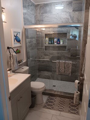 Douche, séchoir à cheveux, serviettes fournies, savon