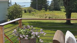 A balcony with a view of a grassy area and a body of water.