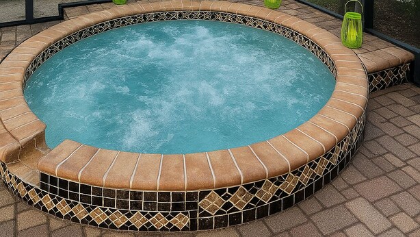 A hot tub with a tiled edge, surrounded by a patio area with a view of a beach and palm trees. - One Last Summer Family Escape Pool• Arcade• Games (Bradenton)