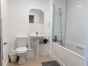Hair dryer, towels, toilet paper