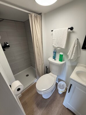 Douche, serviettes fournies, savon, papier de toilette