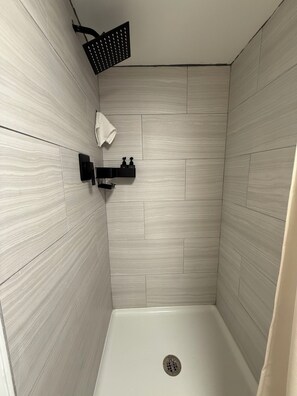 Shower, towels, soap, toilet paper