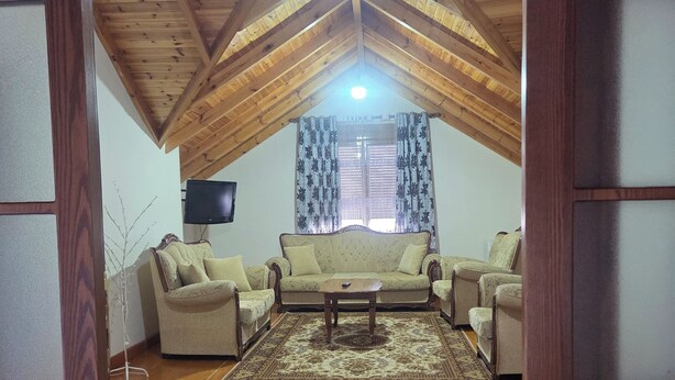 A room with a sloped wooden ceiling, a sofa set, a coffee table, and a patterned rug.
