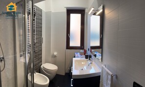 Shower, hair dryer, bidet, towels