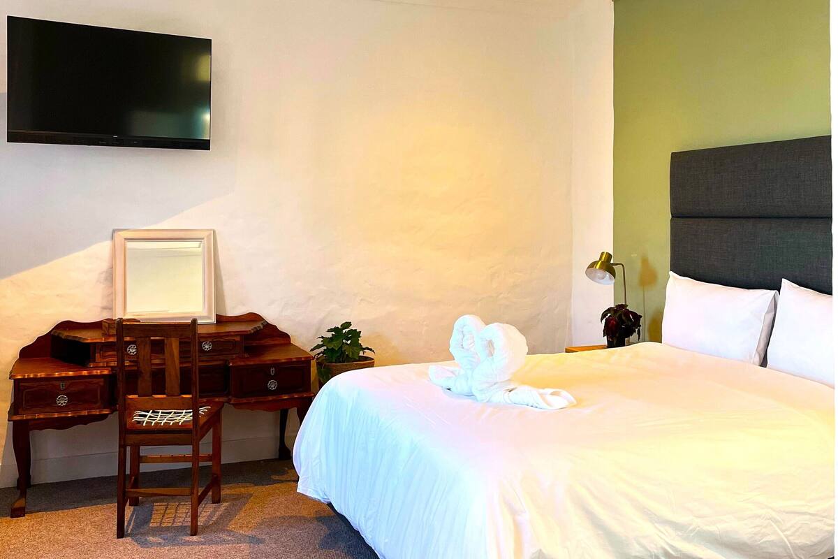 A hotel room with a bed, a desk with a chair, a flat-screen TV mounted on the wall, and a potted plant.