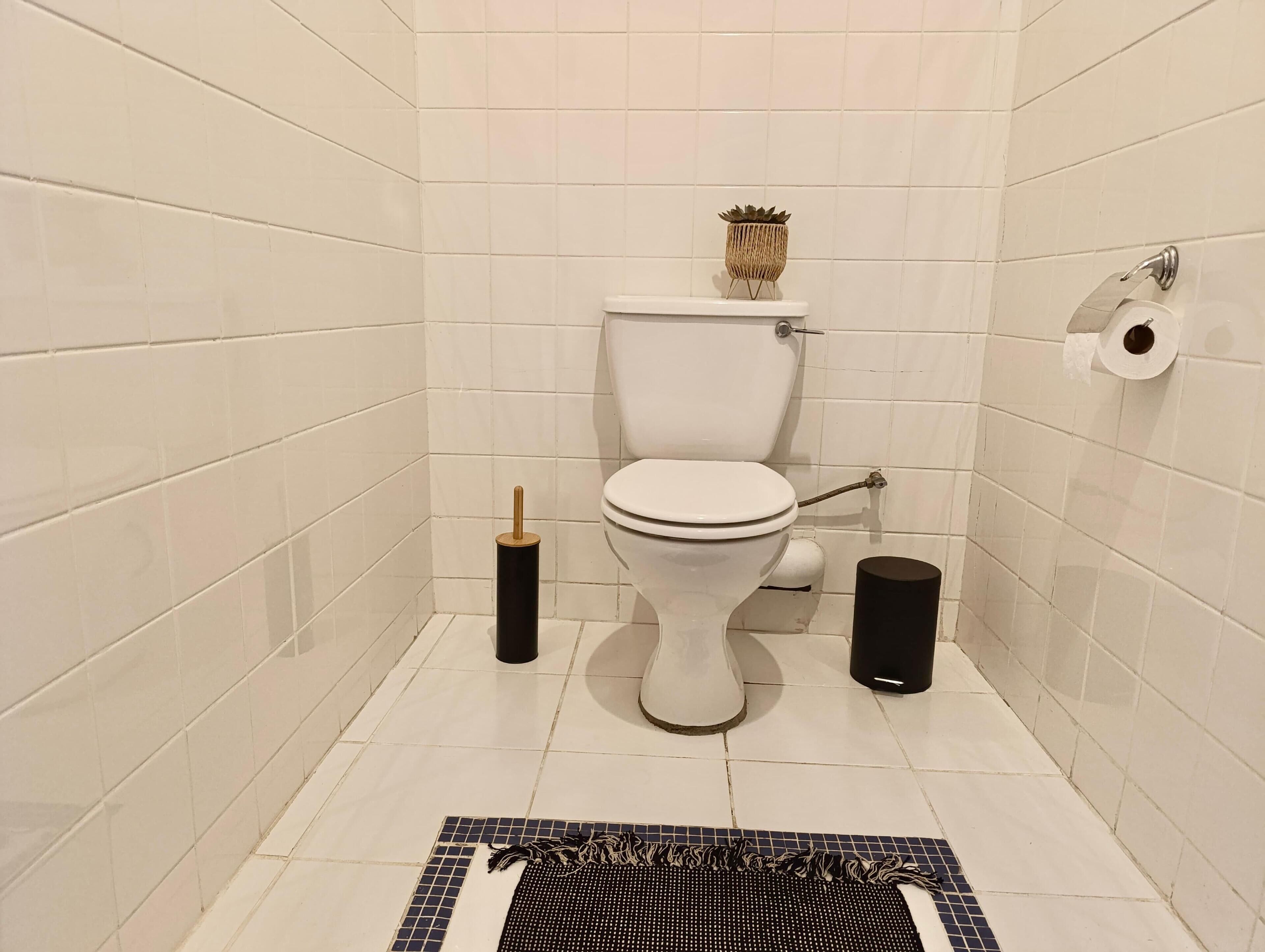 A bathroom with white tiled walls, a toilet, a black trash bin, a toilet paper holder, and a decorative plant on the toilet tank.
