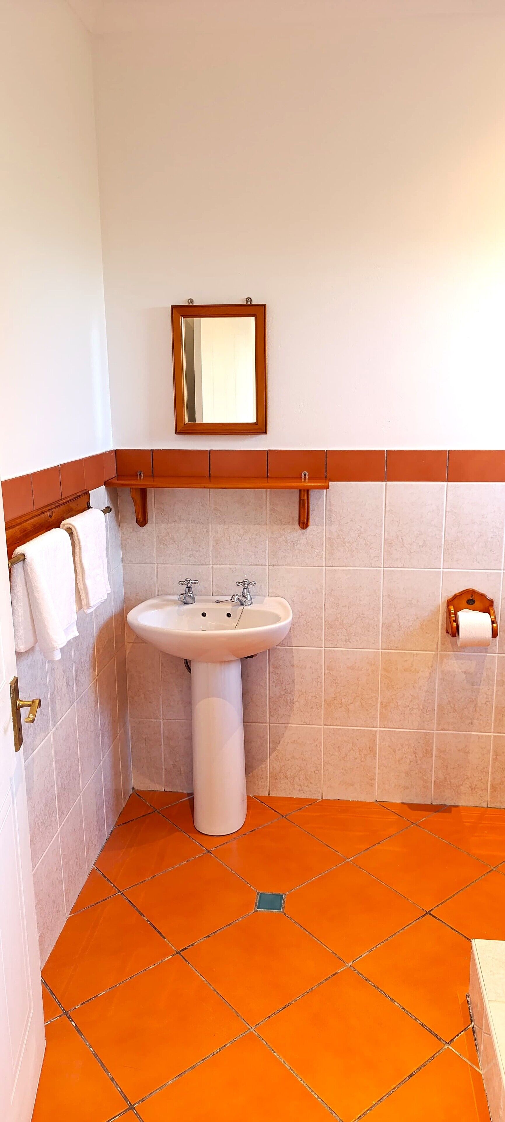 Une salle de bain équipée d’un lavabo, d’un miroir, d’un porte-serviettes et d’un support à papier toilette.