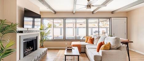 スマートテレビ、暖炉、書庫、ステレオ