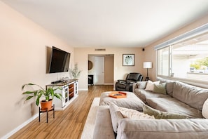 Smart TV, fireplace, books, stereo
