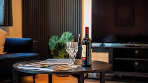 TV, fireplace, books