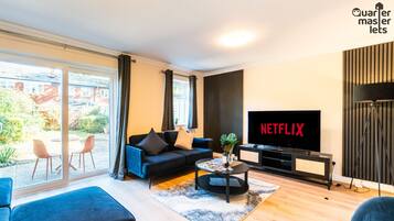 TV, fireplace, books