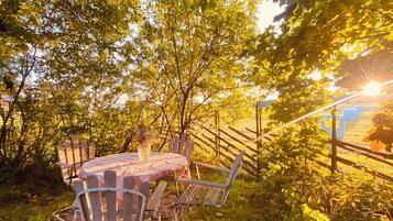 A round table with chairs, surrounded by greenery and a wooden fence.