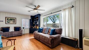 Una Smart TV, una chimenea, un reproductor de DVD, libros