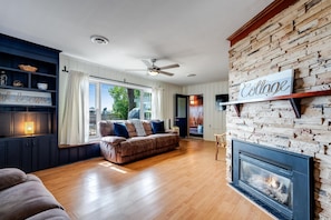 Smart TV, fireplace, DVD player, books
