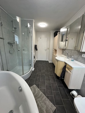 Hair dryer, towels, toilet paper