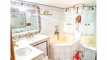 Hair dryer, towels, soap, shampoo