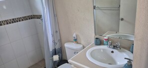 Shower, towels, toilet paper