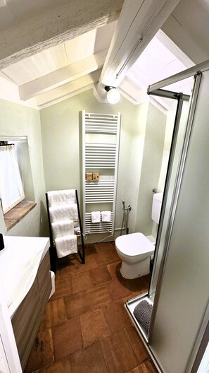 Shower, hair dryer, bidet, towels