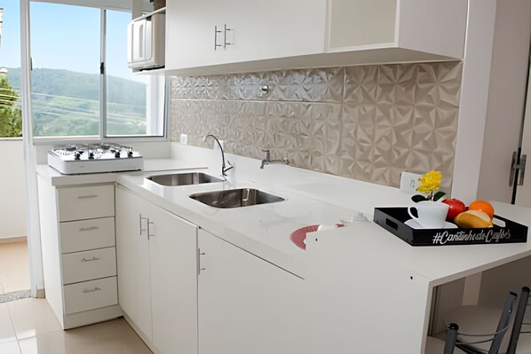 Classic Apartment | Private kitchen | Fridge, microwave, stovetop, cookware/dishes/utensils