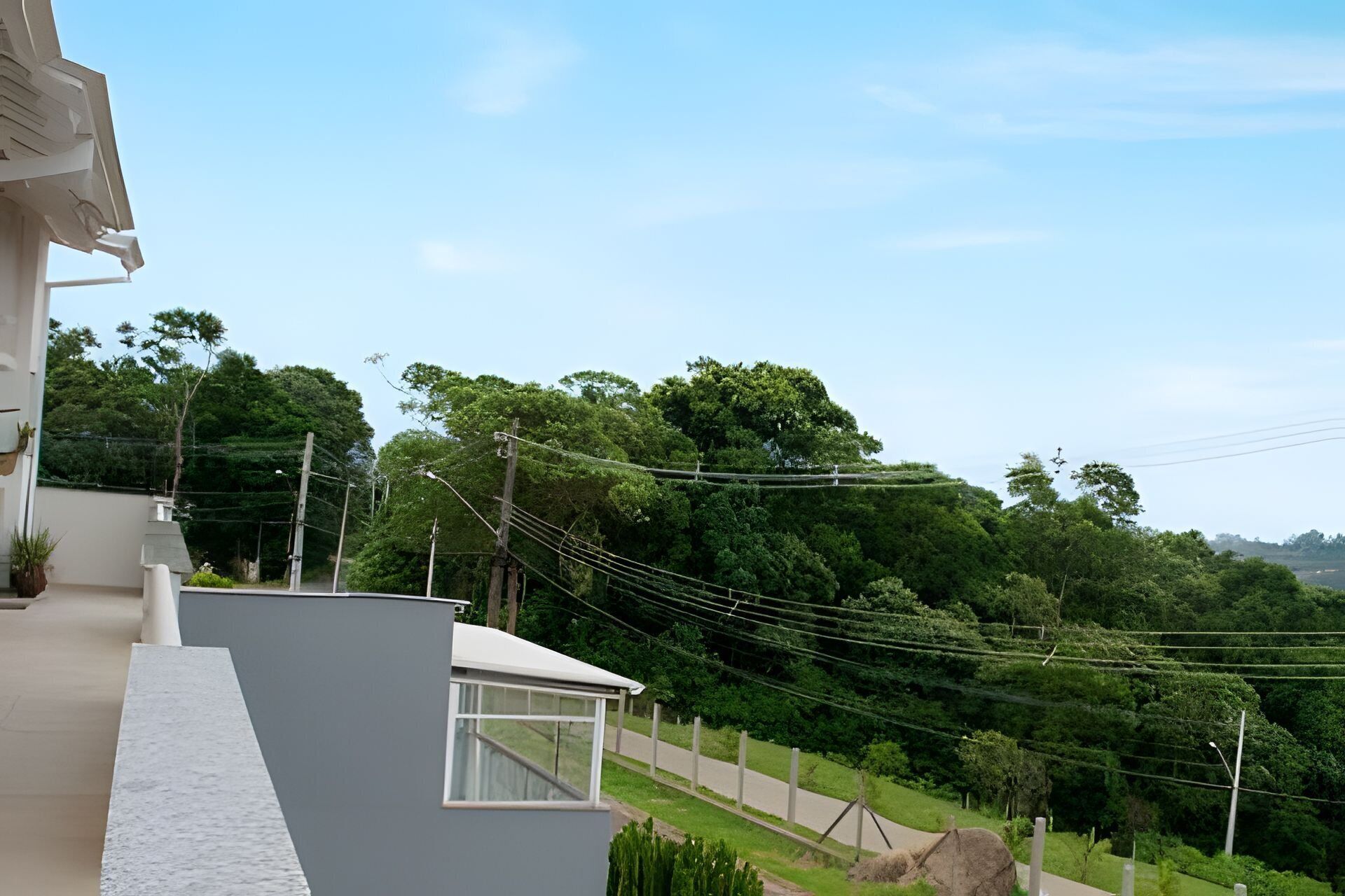 A residential area with a modern house, a paved pathway, and lush greenery.