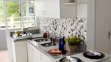 Classic Apartment | Private kitchen | Fridge, microwave, stovetop, cookware/dishes/utensils