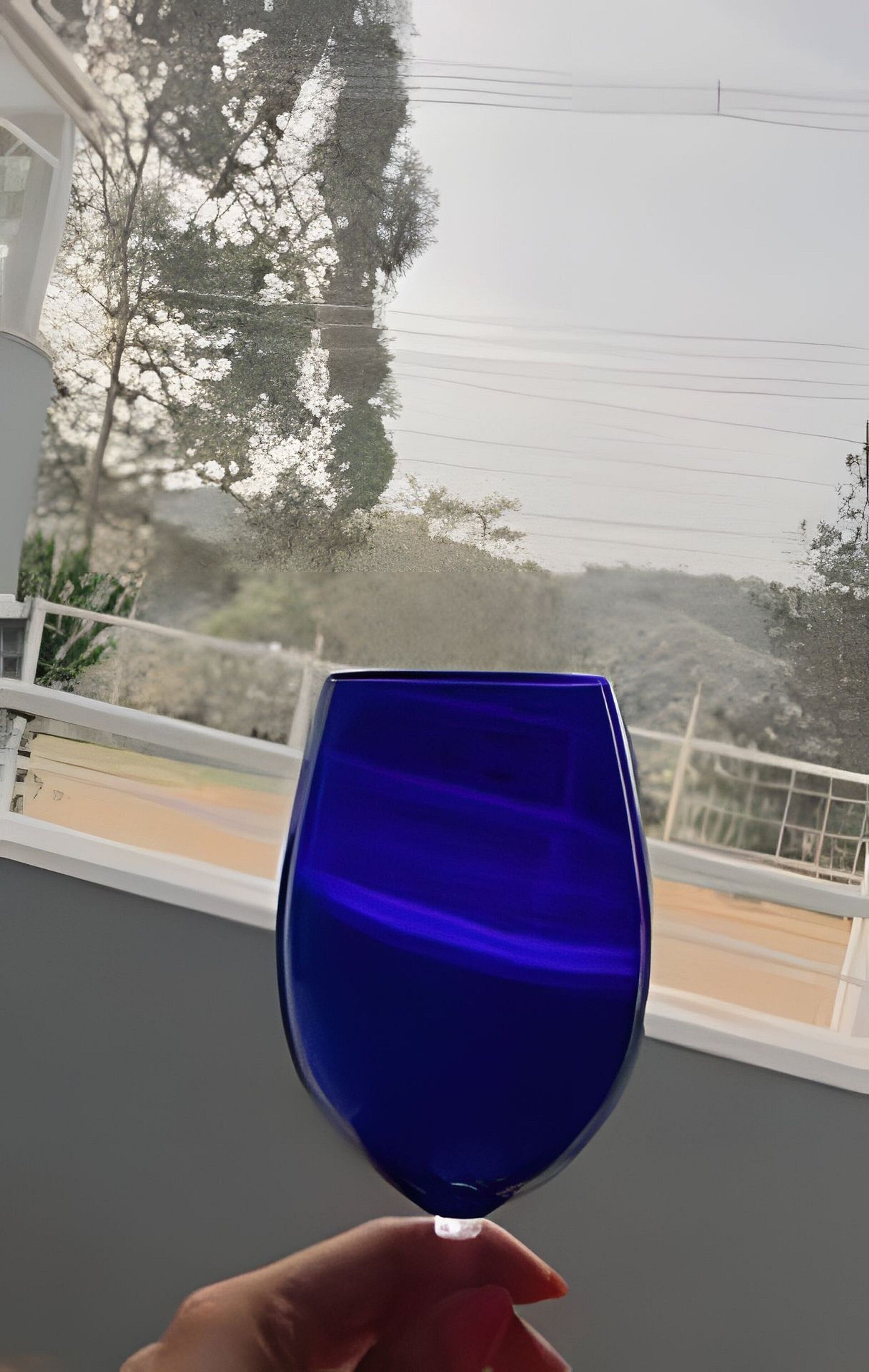 A hand holding a blue wine glass.