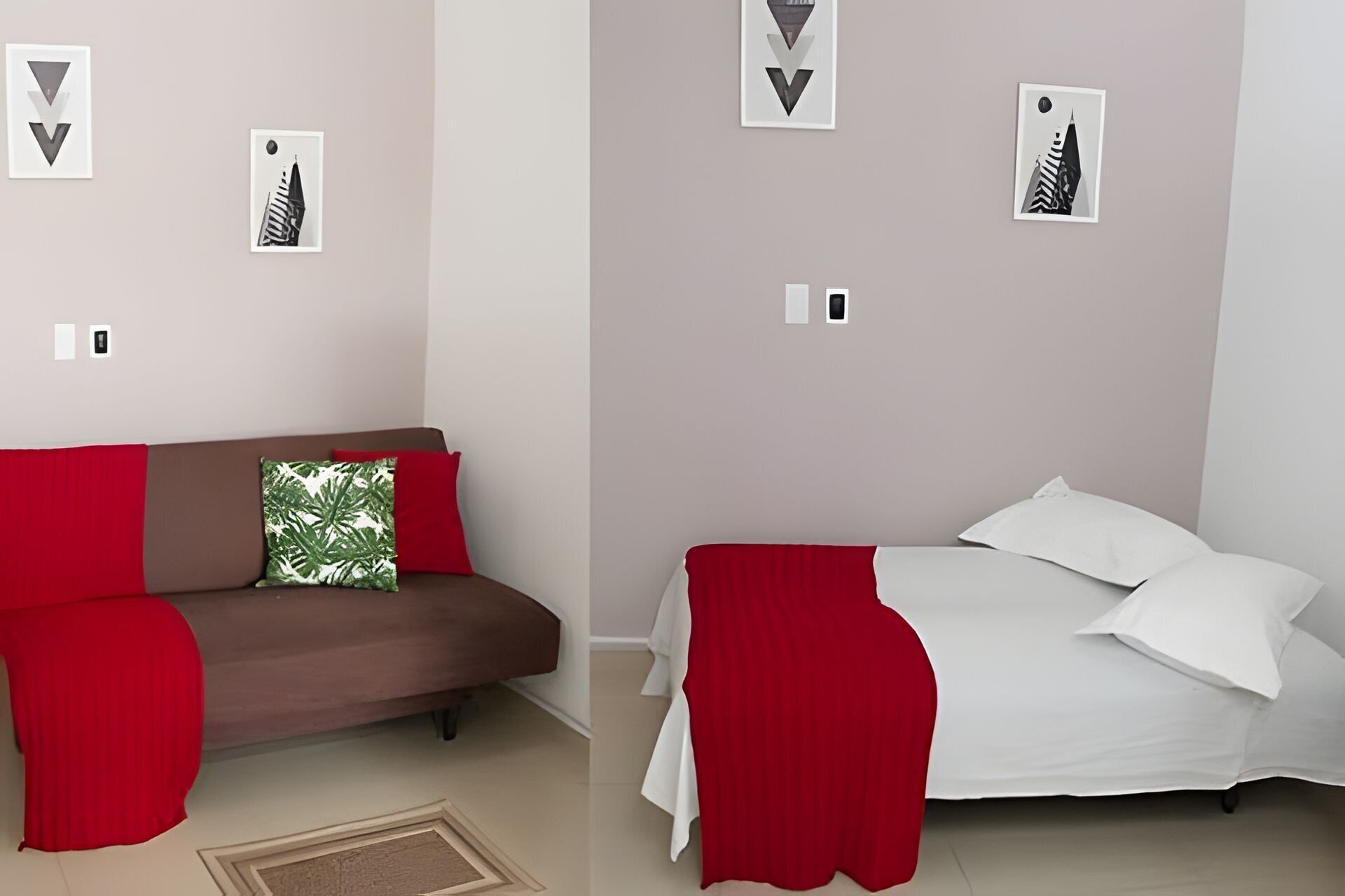 Two rooms with a sofa and a bed, both with red and white bedding.