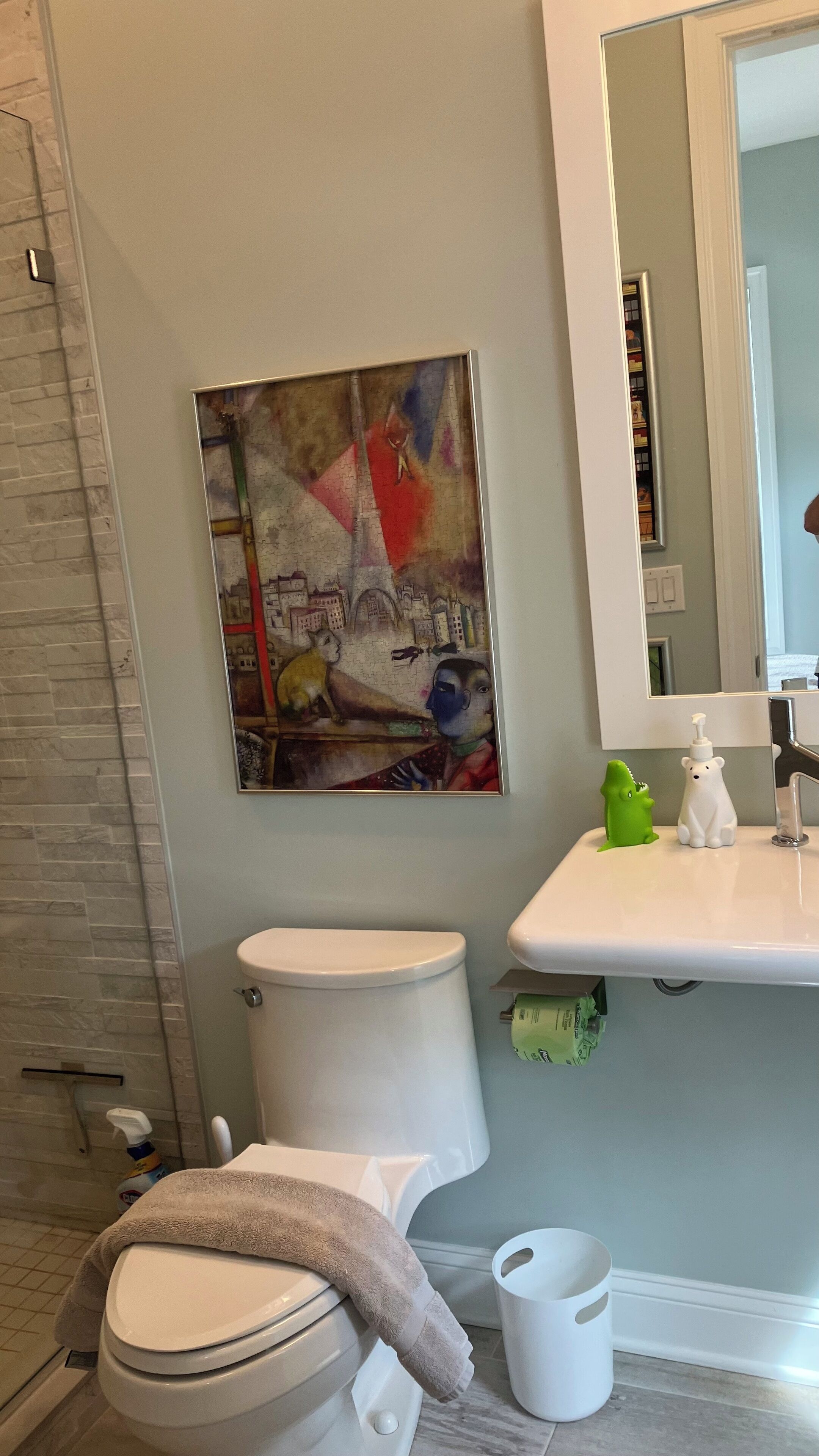 Hair dryer, towels, soap, toilet paper