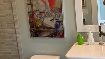 Hair dryer, towels, soap, toilet paper