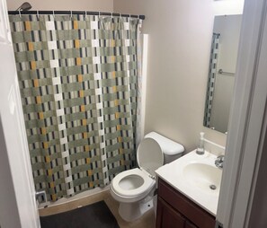 Hair dryer, towels, toilet paper