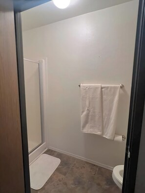 Douche, serviettes fournies, savon, papier toilette