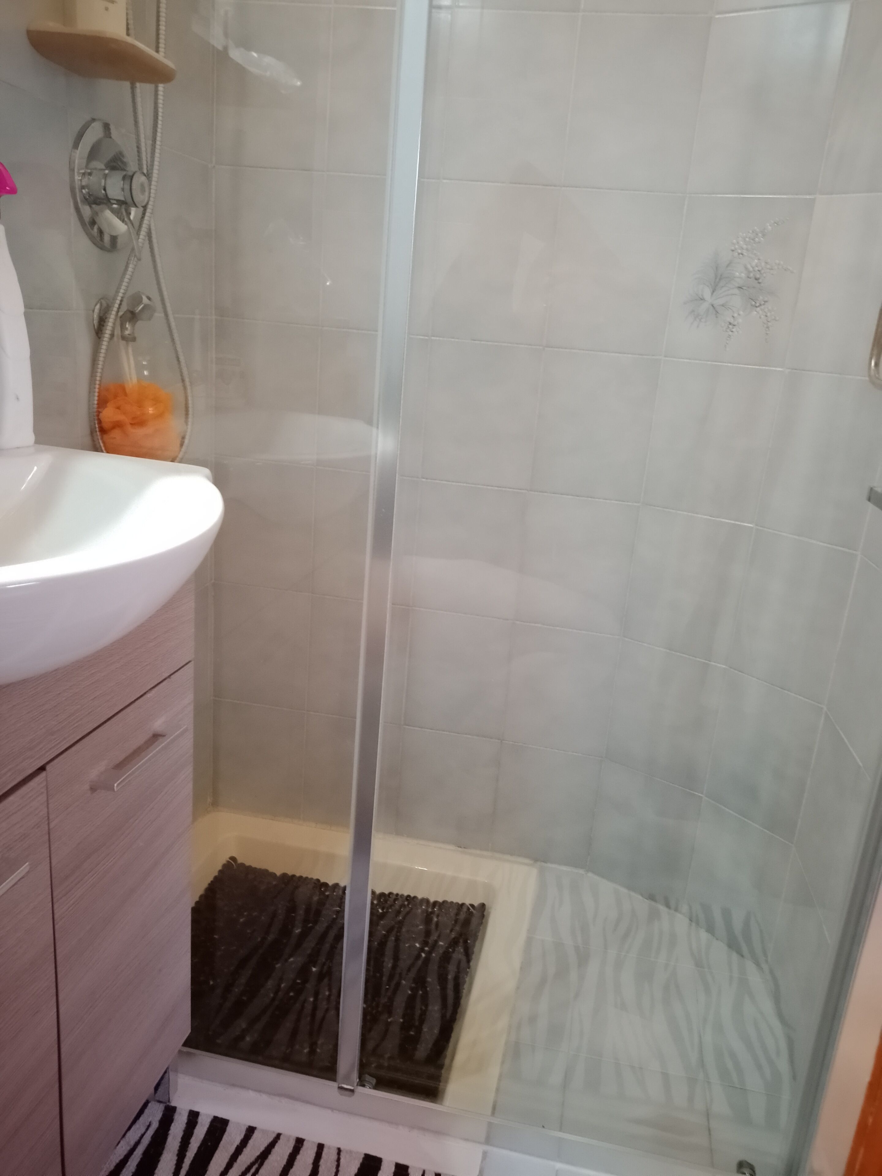 Une salle de bain avec une douche à parois de verre, un lavabo blanc et un tapis à motifs zébrés.
