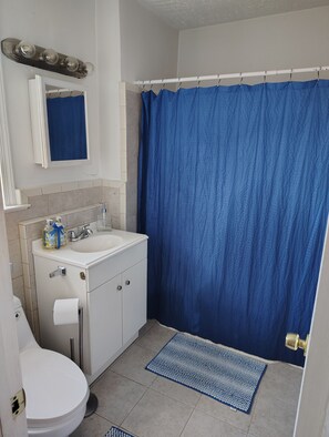 Un bagno con un lavandino bianco, uno specchio, una tenda da doccia blu e un water.