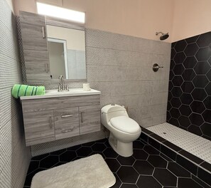 Shower, hair dryer, towels, soap