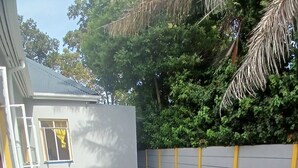 A small backyard with a white table and chairs, a paved walkway, and a low brick wall.