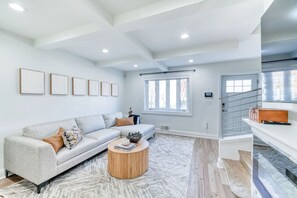 TV, fireplace, books, offices