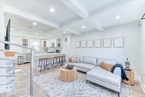 Télévision, cheminée, livres, espaces bureaux