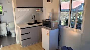Fridge, microwave, electric kettle, toaster