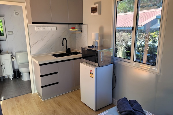 Fridge, microwave, coffee/tea maker, electric kettle