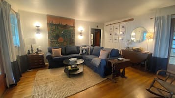 Smart TV, fireplace, books