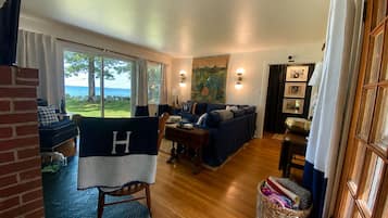 Smart TV, fireplace, books