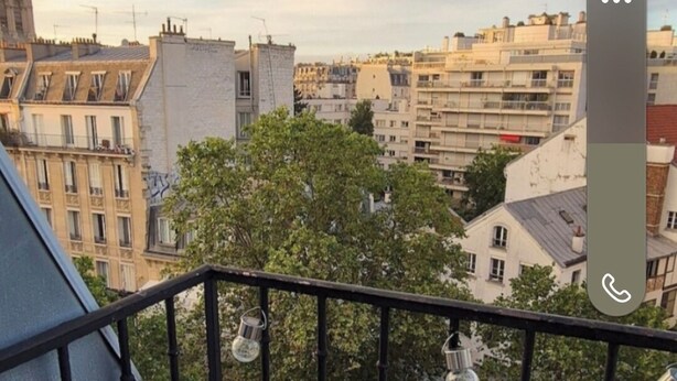 A balcony with a table and chair, a potted plant, and a view of city buildings. - Pretty Parisian studio (Paris)
