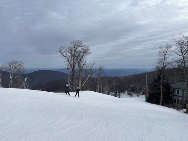 A ski slope with skiers descending.