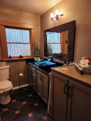 Hair dryer, bidet, towels, soap